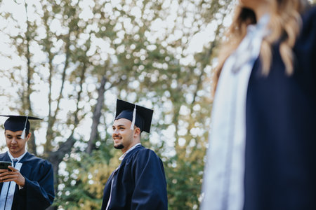 A diverse group of university students in graduation gowns celebrating their achievement outdoors.の写真素材
