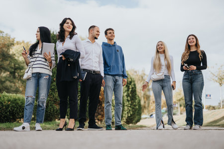 University colleagues studying outdoors, collaborating on a faculty project. Discussing subject topics, solving tasks, and sharing knowledge.の写真素材