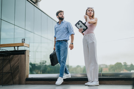 A couple discusses business growth over coffee in an urban cafe. They strategize for profit and negotiate expansion plans in the city center.の写真素材