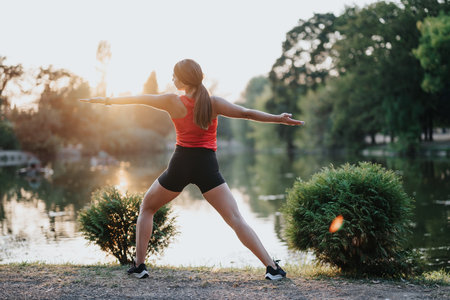 Caucasian woman stretching and warming up outdoors.の写真素材