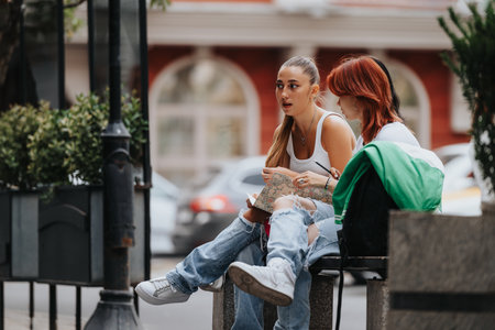 Two high school girls study outdoors, preparing for an exam. They help each other and share knowledge, demonstrating teamwork.の写真素材