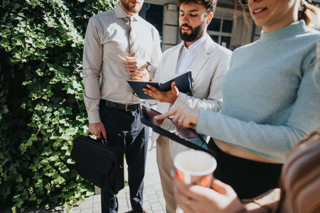 Caucasian business team meet outdoors in the city. They discuss financial planning, market research,...