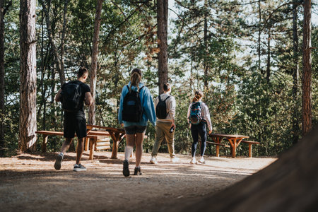 A group of friends hikes through a vibrant autumn forest, enjoying the outdoors and engaging in fun conversations.の写真素材
