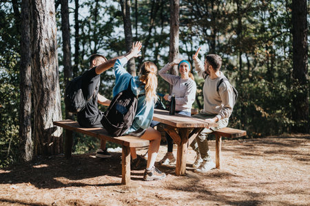 Active friends hiking in the forest, exploring the natural environment, having fun conversations and enjoying physical activity on a sunny day.の写真素材