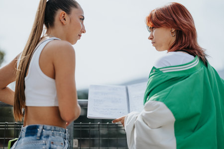 Happy High School Students Collaborating on a School Project in the Urban Cityの写真素材