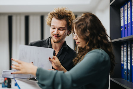 Couple strategizes for revenue growth through market research and financial planning. They collaborate on competitive analysis and discuss online workの写真素材