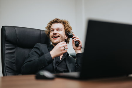 Male entrepreneur strategize for success in a dynamic workplace. Business person collaborate for market expansion and growth.の写真素材