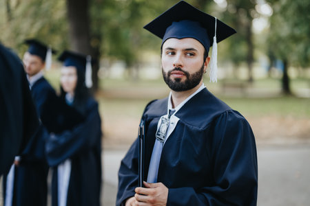 Graduates in gowns and caps celebrating achievements, walking through park, creating memories,...