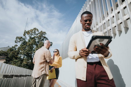International group of business executives collaborate outdoors in the city, strategizing growth...
