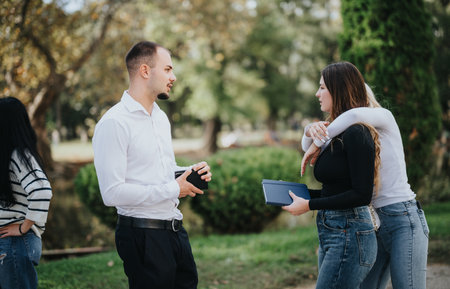 Collaborating in the Park. Students Working Together on University Project for Better Results.の写真素材