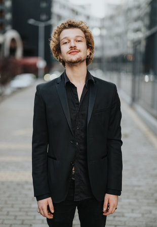A young, stylish man standing outdoors, confidently posing for the camera with a charming smile.