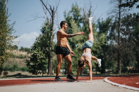Fit young adults, a girl and a man, practice handstands in a sunny park. They inspire with their athleticism and enjoy exercising outdoors.の写真素材