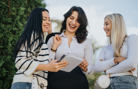 Students discussing assignments and preparing for exams in a sunny park.