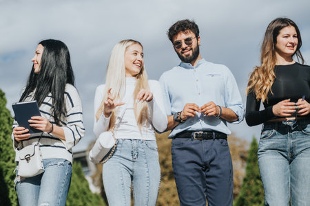 Young friends collaborate in a park, discussing topics and preparing for exams, achieving goals and better grades.の写真素材
