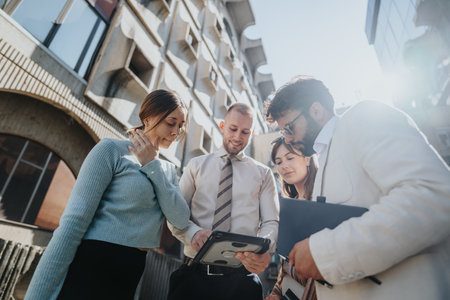 Business professionals meet outdoors in a city to discuss market trends, expand their corporation, and develop a strategic sales strategy.の写真素材