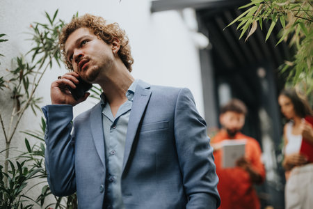 Successful Architects and Engineers Discussing Project Plans at Coffee Barの写真素材