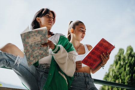 Two students study together in the city, discussing a school project. Their friendship and teamwork lead to academic success and a stylish lifestyle.の写真素材