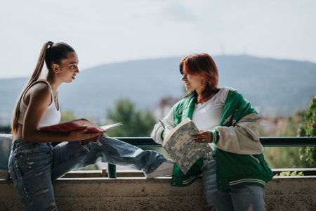 Stylish high school girls studying outdoors in the city. Collaborating on a school project and preparing for an exam together.の写真素材