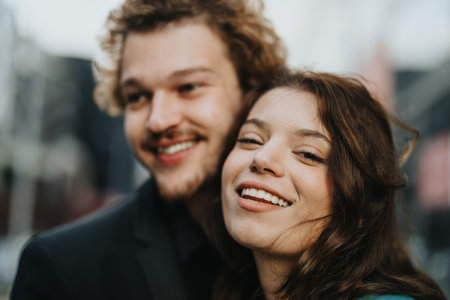 Confident, Successful Couple Posing Outdoors with Smile and Head to Head. Girl Looking at Camera, Boy Looking Away.の写真素材