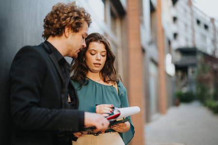 Young entrepreneurs discuss innovative ideas for digital marketing, analyzing market research in an urban business district.の写真素材