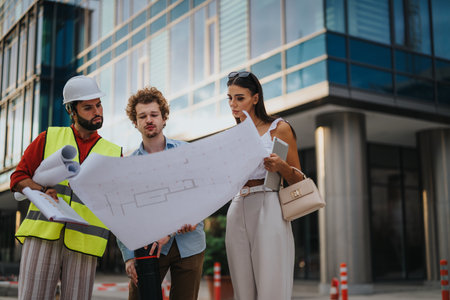 Successful Architectural Team Discussing Blueprint for Sustainable Urban Development Projectの写真素材