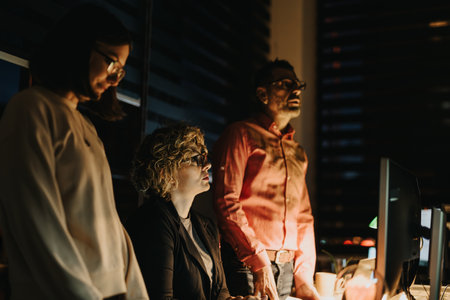 Multiracial business professionals collaborate late at night to meet project deadline, analyze data, and drive business growth.の写真素材