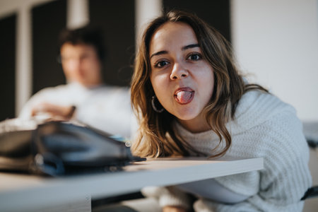 Young, junior employee making a face to the camera. She is pulling her tongue out.の写真素材