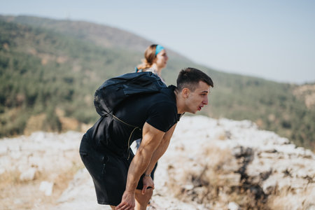 Outdoor Adventure. Active Hikers Enjoying a Sunny Day in the Wildernessの写真素材