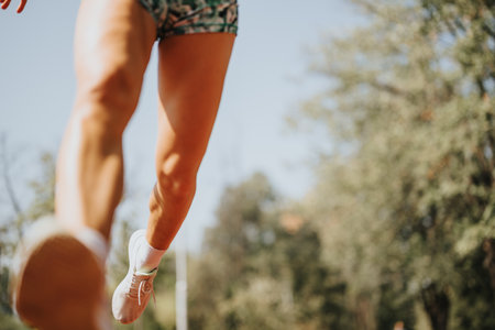 Enjoying Outdoor Training. Girl Sprinting Outdoors.の写真素材