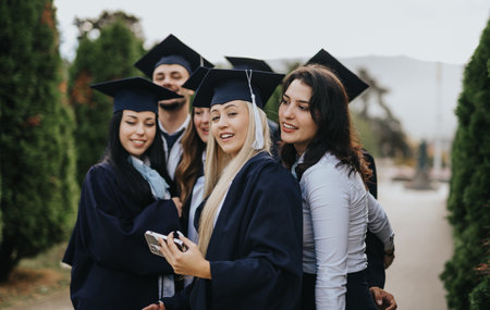 Faculty students graduating. They are smiling and having fun, share happiness, and take selfies.の写真素材