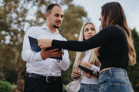 University colleagues gather outdoors, discussing topics, solving tasks, and preparing for exams.の写真素材