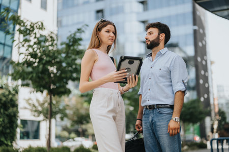 Successful Business Meeting in Urban City Center: Networking and Discussing New Projects for Market Expansionの写真素材