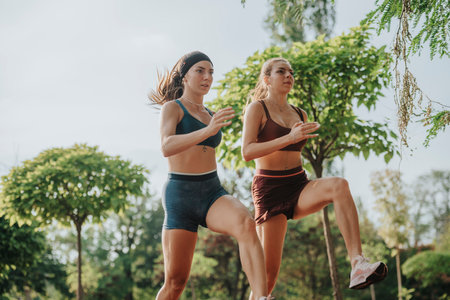 Athletic women joggers training outdoors, inspiring each other in nature.の写真素材
