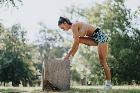 Friends challenge themselves with outdoor fitness at a sunny park, preparing for a workout featuring...