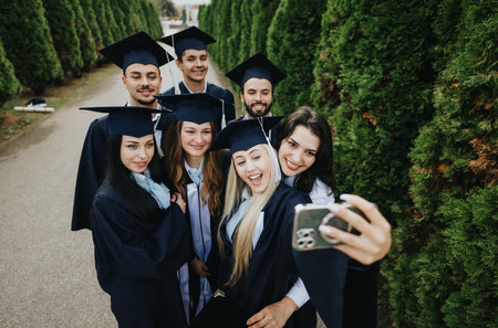 Smiling grads in caps and gowns take a selfie in the park, celebrating their successful graduation...