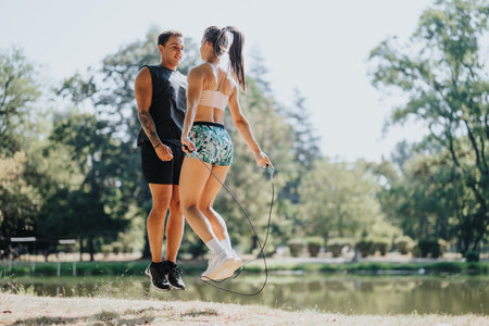 Active Friends Jumping Rope and Exercising Outdoors in the Park for a Healthy Lifestyleの写真素材