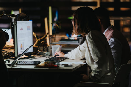 Collaborating Coworkers Discussing Business Growth and Analyzing Statistics for Project Completionの写真素材