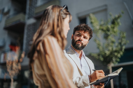 Corporate Team Discussing Market Trends in Urban Setting with Business Partners and Collaborating for Business Expansionの写真素材