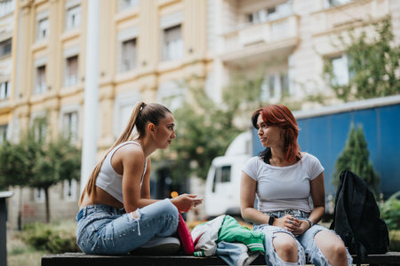 Collaborating on School Project: Two Friends Studying Outdoors in Urban Cityの写真素材