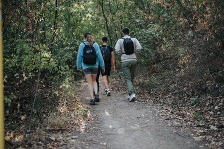Athletic friends hike and enjoy a sunny day in a picturesque autumn forest.の写真素材