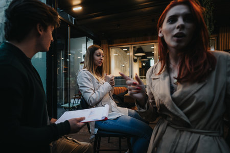 Business partners discussing profit growth and market expansion over coffee at an urban cafe.