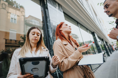 Young professionals collaborate on an urban project, brainstorming business expansion ideas for...