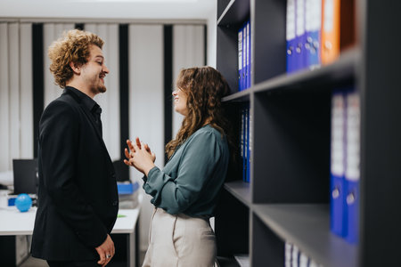 Male person flirting with his female colleague at work.