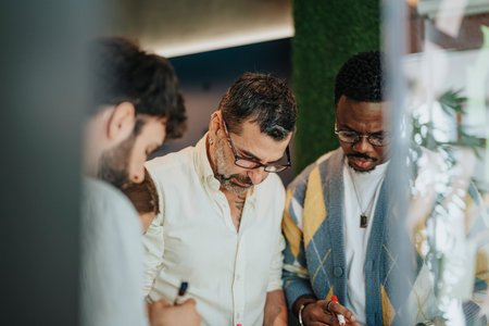 Diverse colleagues collaborate, brainstorm ideas, and strategize for business success in a modern office. Multicultural teamwork maximizes profits.の写真素材