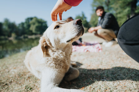 Joyful Friends and Their Playful Dogs Enjoying a Sunny Day in the Parkの写真素材