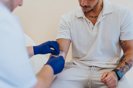 In a hospital room, a doctor provides care and consultation to a patient receiving infusion therapy.の写真素材