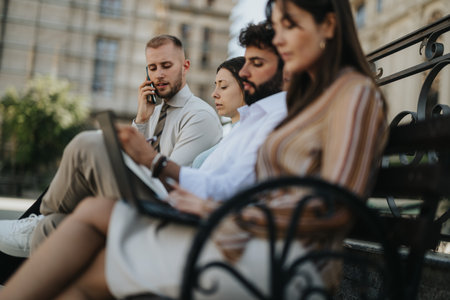 Corporate Team Explores City for New Business Opportunities and Collaborates on Innovative Projects for Financial Stability in Remote Work Eraの写真素材