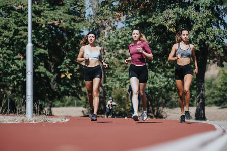 Active females running together in the park, enjoying a sunny day. They are fit, athletic, and staying healthy with outdoor training.の写真素材