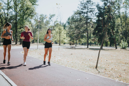 A group of attractive women, with fit bodies, are happily jogging together in a sunny city park.