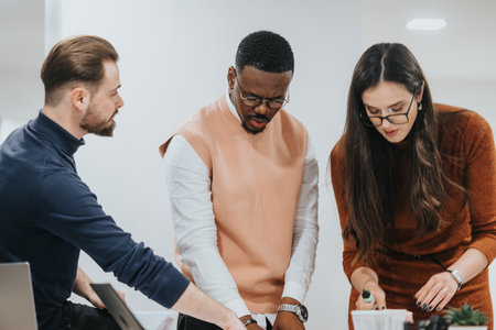 Diverse business professionals collaborate, analyze reports, discuss strategies, and work creatively into the night, ensuring success and growth.の写真素材